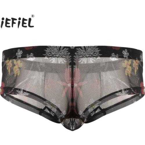 Sexy Men Underwear See Through Sheer Mesh Flower Printed Briefs Elastic Low Waist Bulge Pouch/Closed Penis Gay Sexy Underwear