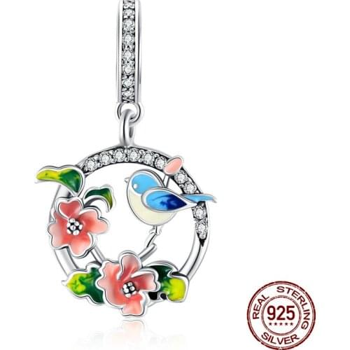 Women fine jewelry accessories 925 sterling silver bird flower charm pendant fit necklace & bracelet enamel beads making gift