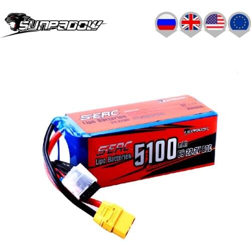SUNPADOW 6S 22.2V Lipo Battery 5100mAh 60C with XT90 Plug for RC Airplane Helicopter Drone FPV Quadcopter Boat Model Racing