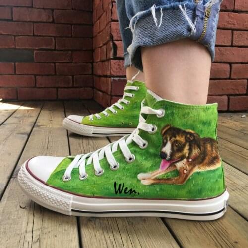 Wen Green Hand Painted Shoes Design Custom Pet Dog Lying Down On Grass Men Women High Top Canvas Sneakers