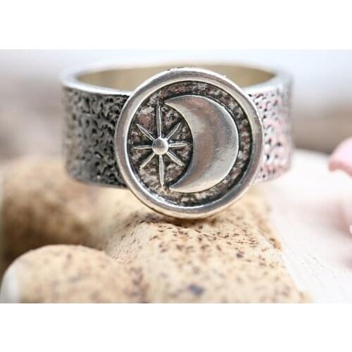 Vintage Punk Moon Six-Pointed Star Woman Ring Simple Silver Color Party Jewelry Statement Daily Wear Female Wide Rings