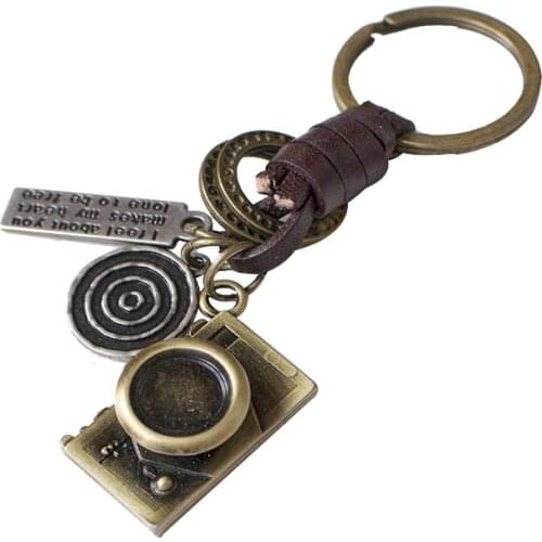 Mens Vintage Leather Keychain alloy digital camera model Decoration pendant girls backpack personality ornament