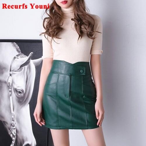 RYS1702 Winter 2020 Womens Genuine Leather Short Skirt Ladies A-line Slim Zipper Mini Faldas Mujer Dark Green/Black Chic Saia