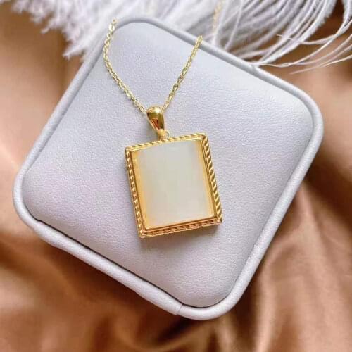 Hetian White Jade Pendant for Women Square Plate Jade Necklace Female Fashion Tranquility and Peace Plate Pendant S925 Silver Si