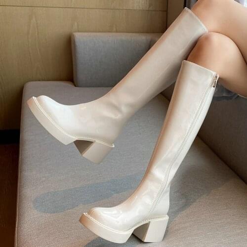 Lady New Patent Leather Knee High Boots Microfiber Thick-Soled Round Toe Shoes Lady Large Size Loose Zipper Autumn Winter Boots
