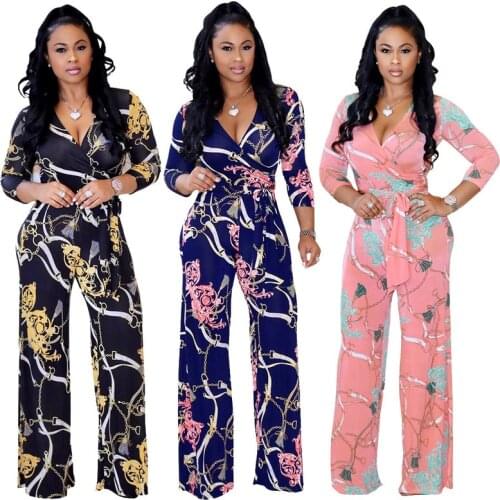 Sexy v neck Long Sleeve Floral Print Wide Leg Rompers Womens Jumpsuit Body Streetwear Plus size XXL Ladies Jumpsuits