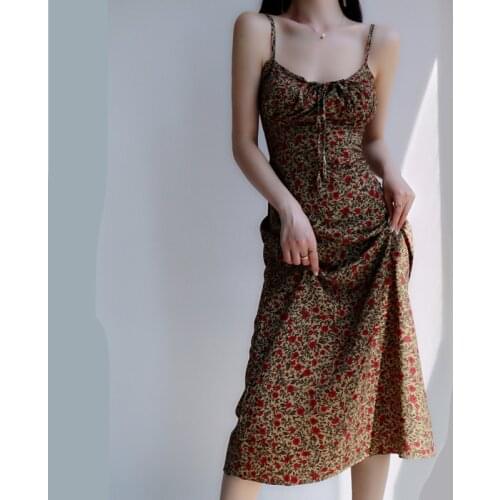 Summer Red Floral Print Spaghetti Strap Dress Women White Elegant Sleeveless Sexy Tie Neck Beach Party Long Yellow Light Dresses