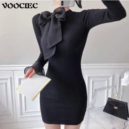VOOCIEC Korean fashion Elegant self-cultivation Jersey dress Bow collar pagoda sleeve Sexy black dress
