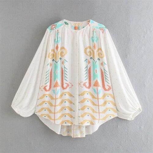 ZXQJ Women 2021 Fashion Printed Loose Asymmetry Blouses Vintage Long Sleeve Button-up Female Shirts Blusas Chic Tops