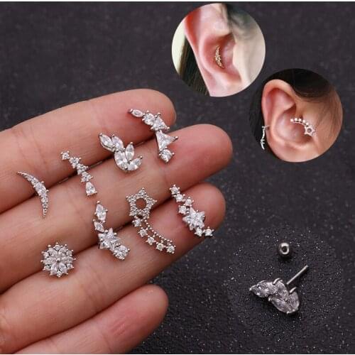1PC Hot Gift Cresent Star Flower String Ladies CZ Ear Stud Cartilage Helix Piercing Earring Jewellery