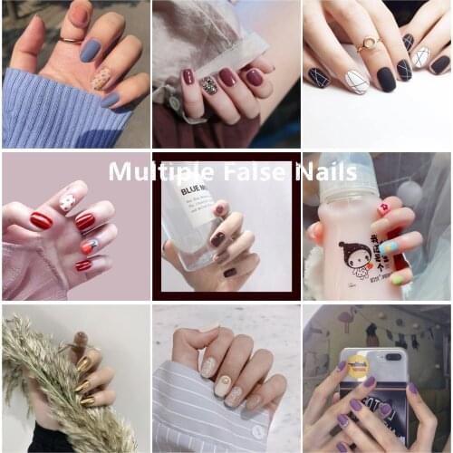 24pcs Multiple false nails french with glue pure color cartoon pattern Ins Fake Nails Jelly Finger Nail Manicure Decoration