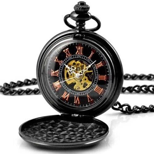 5pcs/lot Antique pocket watches fashion mechanical hand wind skeleton watches gift clock alloy case with chain