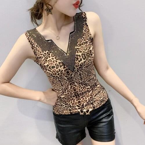 #5304 Leopard Black Red Sexy Tank Top Women With Diamonds V Neck Sleeveless Top Spliced Gauze Shinny Tank Top Female Summer
