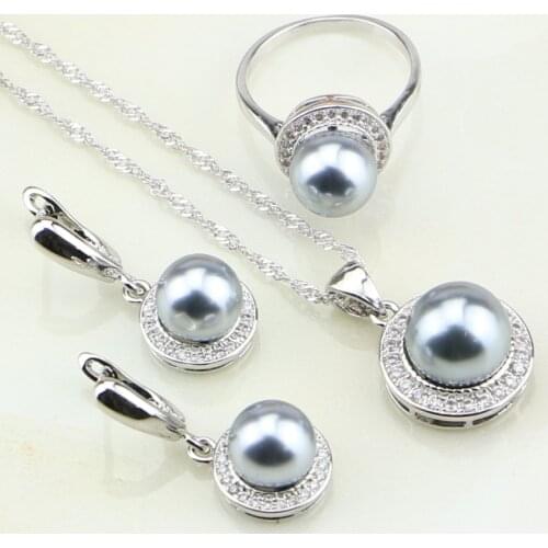 925 Silver Jewelry White Cubic Zirconia Round Gray Imitation Pearl Jewelry Set for Women Earrings/Ring/Pendant/Necklace