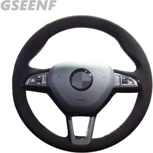 Car Accessories Steering Wheel Cover For Skoda Octavia 2017 Fabia 2016 2017 Rapid Spaceback 2016 Black Hand-stitched Suede