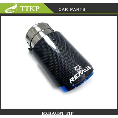 Car Universal Glossy Black Carbon Fiber+Stainless Steel Tail End Blue Single Exhaust Pipe With Remus Logo Muffler Tip Nozzles