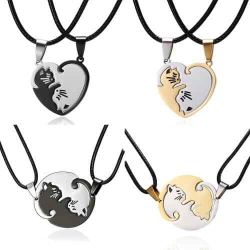 Belleper Cute Couples Jewelry Animal Necklaces Black White Couple Necklace Cat Pendants Necklace Stainless Steel Heart Necklaces