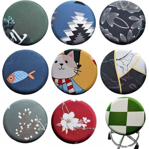 Cartoon Cat Pattern Round Chair Cover Bar Stool Cover Elastic Seat Covers Home Chair Slipcover Replaceable Home Chair Slipcovers