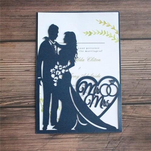 Wedding invitation card flower Mr Mrs heart laser cut pocket multi colors custom printing