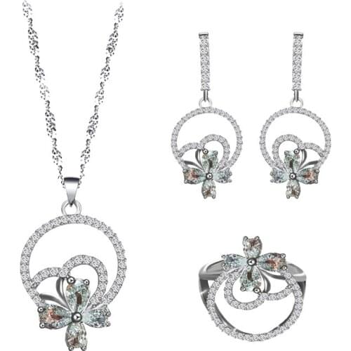 ROLILASON big sale White cubic zircon silver color jewelry ring earring necklace set women anniversary/wedding/party JS859