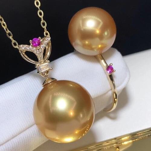 D419 Pearl Set Fine Jewelry Solid 18K Gold Round 8-12mm Natural Ocean Sea Water Golden Pearls Jewelry Sets for Women
