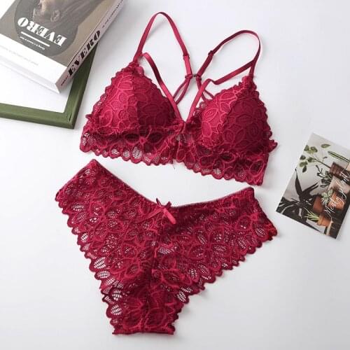 Beauty Back Underwear Set Sexy Womens Transparent Lace Push-up Bra Panty Sets Female Embroidery Brassiere Cross strap Lingerie