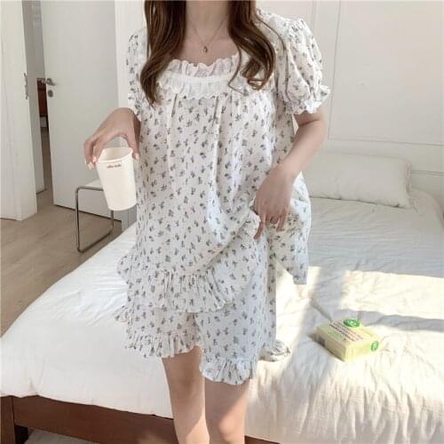 Lace floral print short sleeve pajama set women summer sleepwear top+shorts 2 piece set home clothes loose loungewear Y449