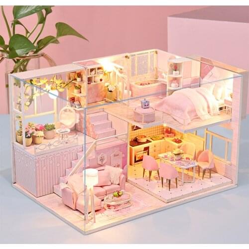 DIY Dollhouse Kit Plus LED Light & Dustproof Case Battery Case Wood Pink Cottage Creative Room Self Assembly Model for Girls