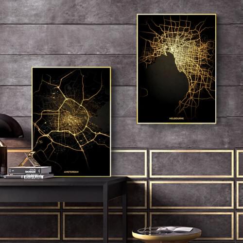 Gold Black World City Map Wall Art Canvas Painting Paris London Nordic Posters and Prints Wall Pictures for Living room Decor
