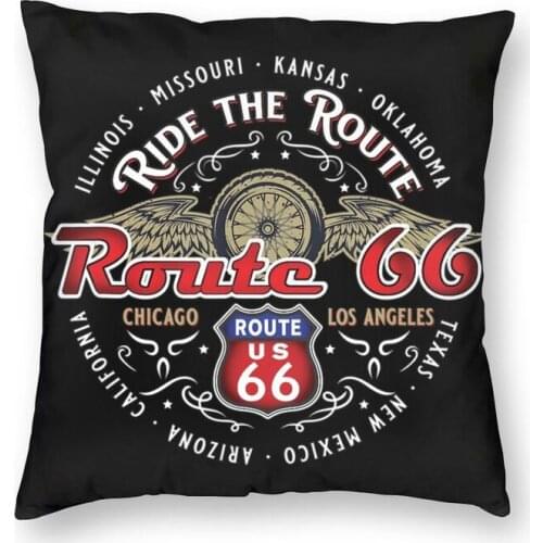 Ride The Route 66 Cushion Cover 45x45 Decoration Print Biker Motorcycle Cruise Americas Highway Throw Pillow for Living Room