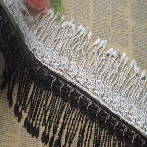 New 5Yard 11cm Wide White/Black Tassel Polyester Soluble Lace Trim DIY Sewing Applique Free Shipping-SC
