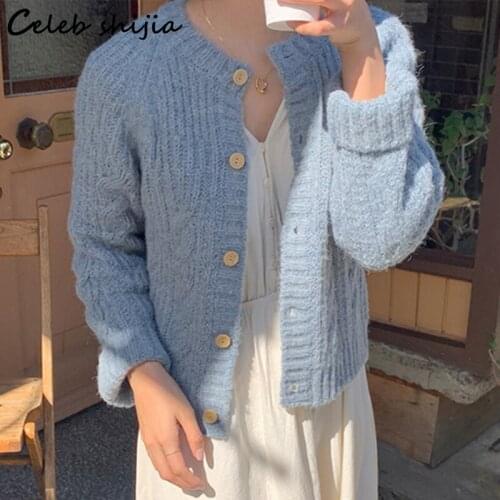 SHIJIA PINK Round Neck Knitted Cardigan Women Fall 2021 Knitted Korean Tops Single Breasted Blue Sweater Coat Female Winter