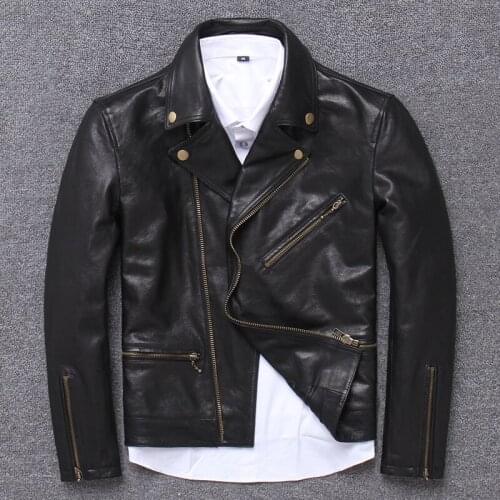 Vegetable Tanning Sheepskin Thin Section Male Oblique Zipper Self-cultivation Loose Coat Really Leather Jacket Short Fund Halley