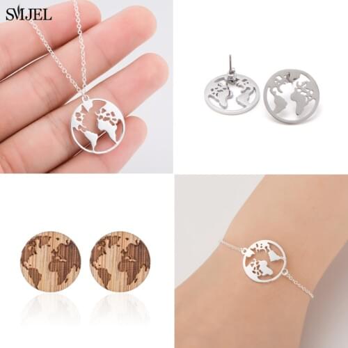 SMJEL Stainless Steel World Map Earrings for Women Men Globe Map Jewelrys Accessories Earings Round Collier Femme Wholesale