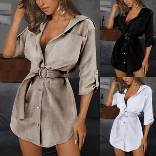 Women Summer Sundress Elegant Casual Loose Work Dresses Fashion Women Turn Down Collar Single-breasted Belt Office Shirt Dress