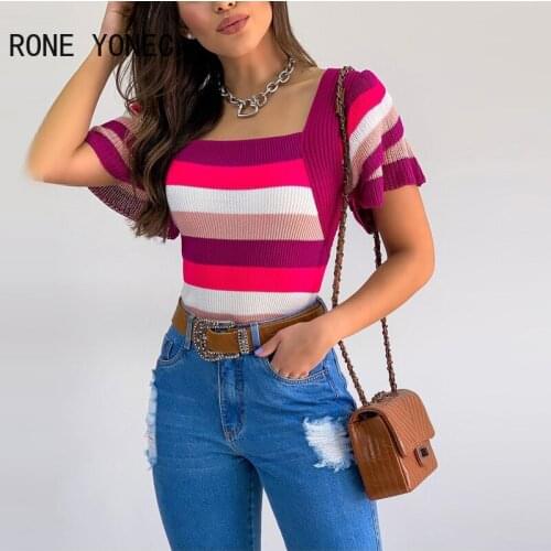 Women Chic Square Collar Stripped Skinny Patchwork Short Sleeves Rainbow Sweater Tops