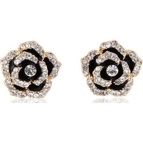 Famous luxury brand designer flower earrings female jewelry black camellia rhinestone earrings