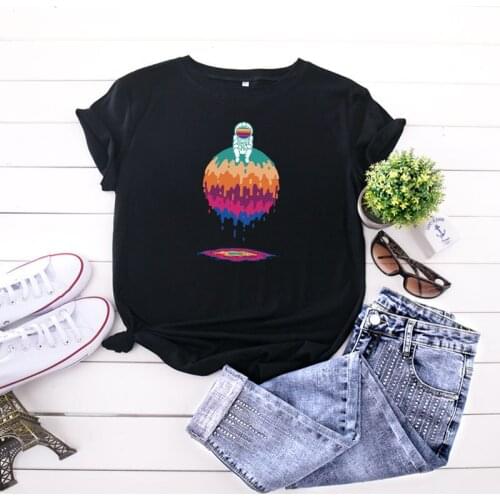 100% Cotton Oversized Womens T-shirt O-Neck Short Sleeve Harajuku Colorful Astronaut Planet Top Casual Female T shirt Summer