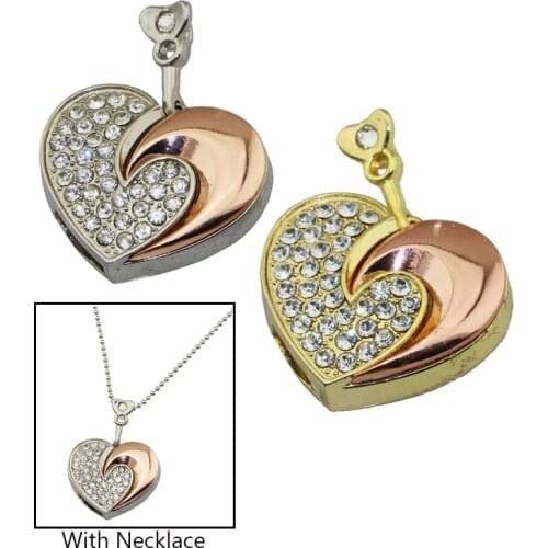 100% Full Capacity Diamond Crystal Heart USB Flash Drive Memory Stick Pendrive 4GB/16GB/64GB Love Heart Necklace U Disk Flash