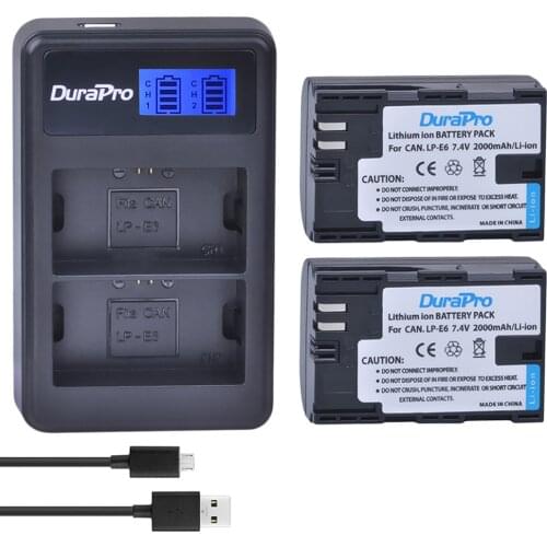 2pc LP-E6 LP-E6N LP E6 E6N Li-ion Rechargeable Battery + LCD USB Dual Charger For Canon EOS 5D Mark II III 7D 60D 6D Battery