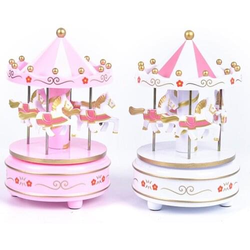 3Color Wooden Merry-Go-Round Carousel Music Box for Kids Toys Wedding Birthdays Gift Wind-Up Horse Fairground Musical Box
