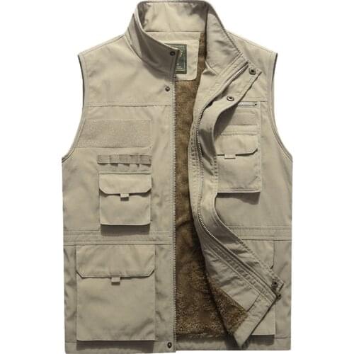 Photographer Mandarin Collar Sleeveless Jacket Thicken Fleece Waterproof Winter Vest Mens Multi Pockets Spring Autumn Waistcoat