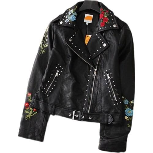 High Quality Faux Leather Jacket Women Fashion Embroidery Rivet Motorcycle Jackets Loose Short Biker Coat Female PU Tide G1075