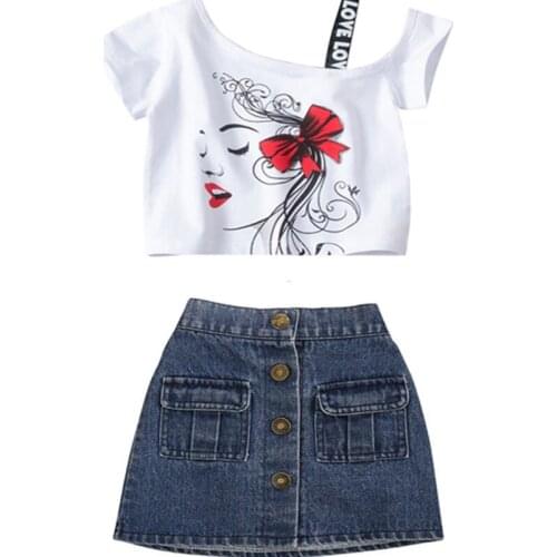 Summer Childrens Clothing 2021 Girls Fashion Oblique Shoulder Neckline T-Shirt Denim Bust A-Line Skirt Baby Two-Piece Suit 1-5y
