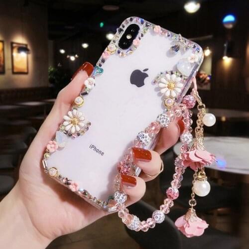 Luxury Diamond Bling Clear Case For Samsung Galaxy S21 S20 Ultra S21FE 5G S10 Note 20 Plus Case Flower Crystal Bracelet Pendant