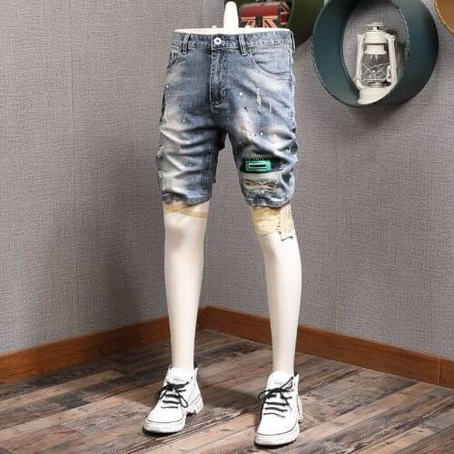 2021 Summer Ripped Patch Denim Shorts Men Fashion Embroidery Jeans Casual Light Blue Short Pants