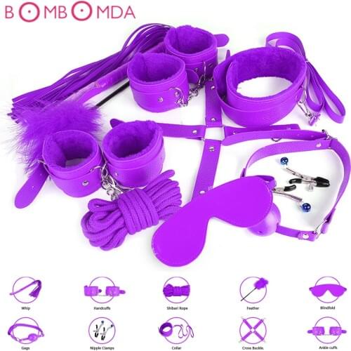 10PCS Set Bondage BDSM Sex Products for Adults Couple Slave Game Handcuffs Nipple Clamps Gag Whip Rope Blindfold Collar Tickler