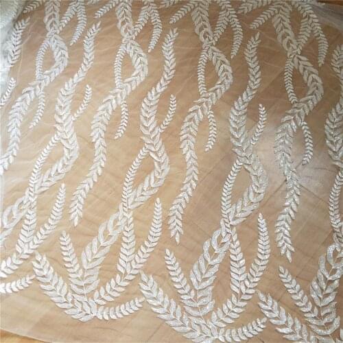 SALE Illusion Sequins Leaf Embroidery Lace Fabric Off White Tulle Fabric For Wedding, Party Decoration, Costume, Dress