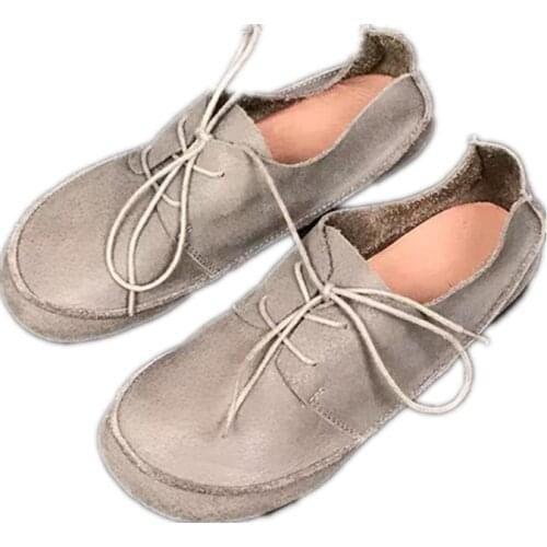 Women Student Genuine Leather Black Shoes Flats Lace Up Soft Leather Loafers Pregnant Women Shoes Ladies Flats Sneakers