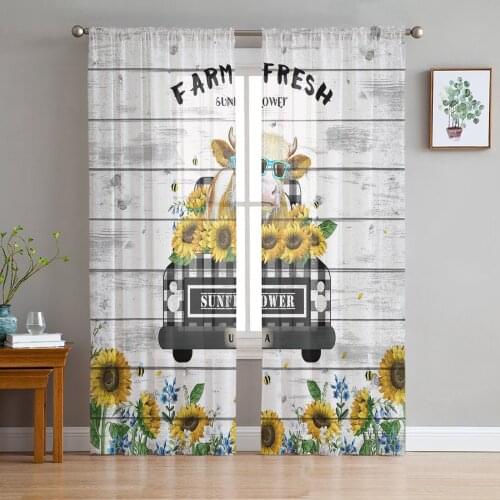 Farm Sunflower Cattle Window Treatment Tulle Modern Sheer Curtains for Kitchen Living Room the Bedroom Curtains Decoration